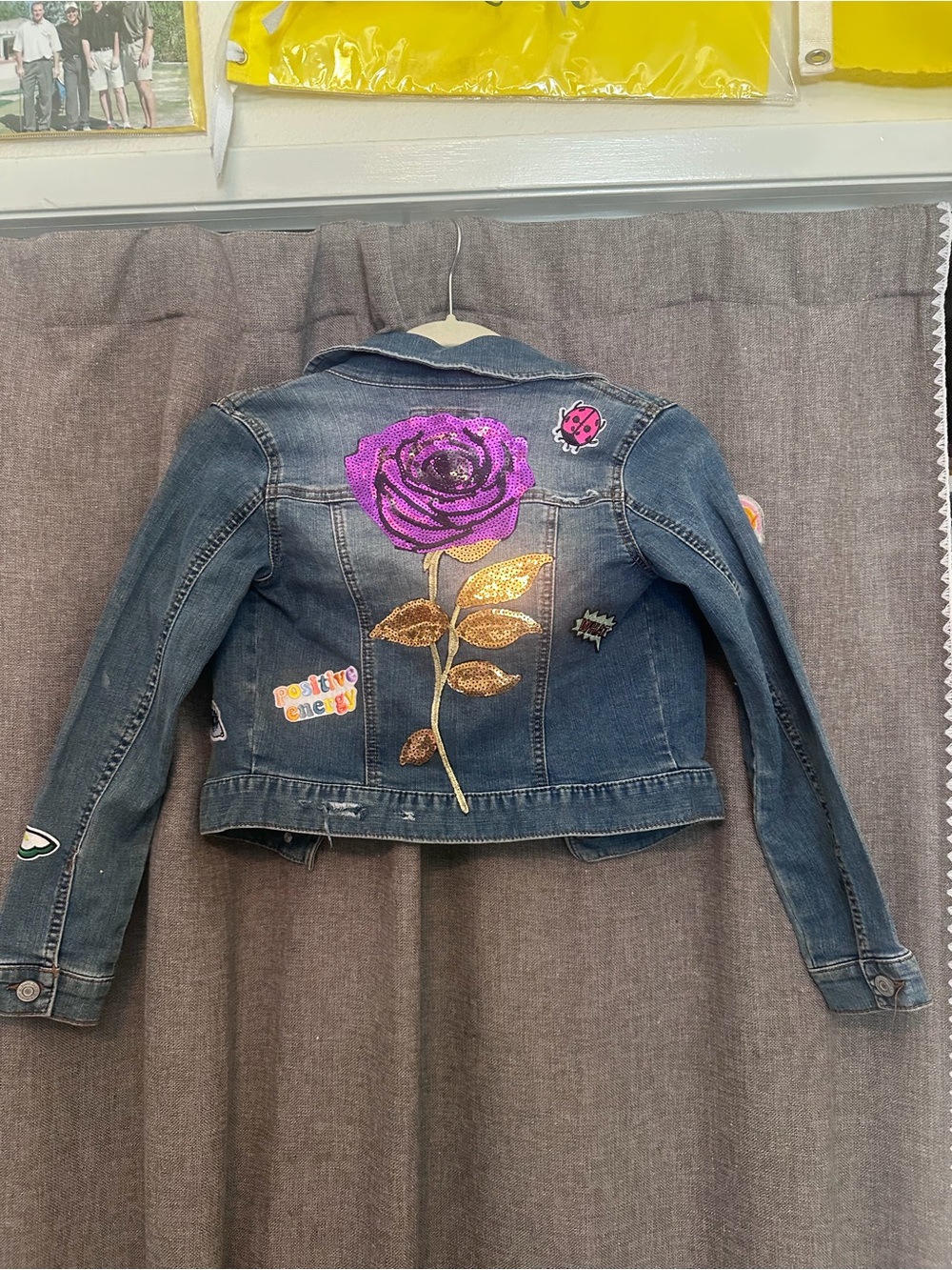 Kids Denim Jean Jacket with Purple Rose and Gold Leaf Appliqué